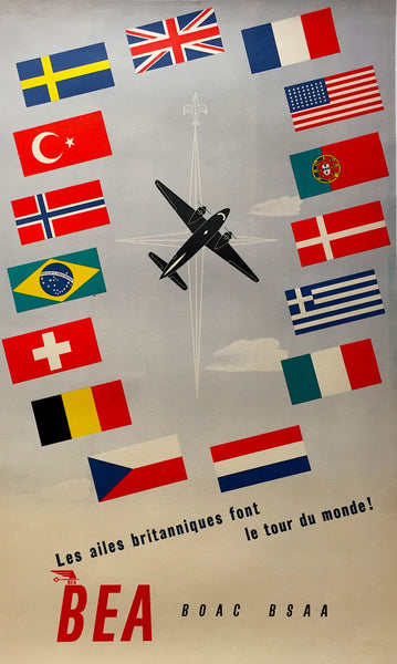 1948 BOAC BEA BSAA Original Vintage Airline International flags Poster