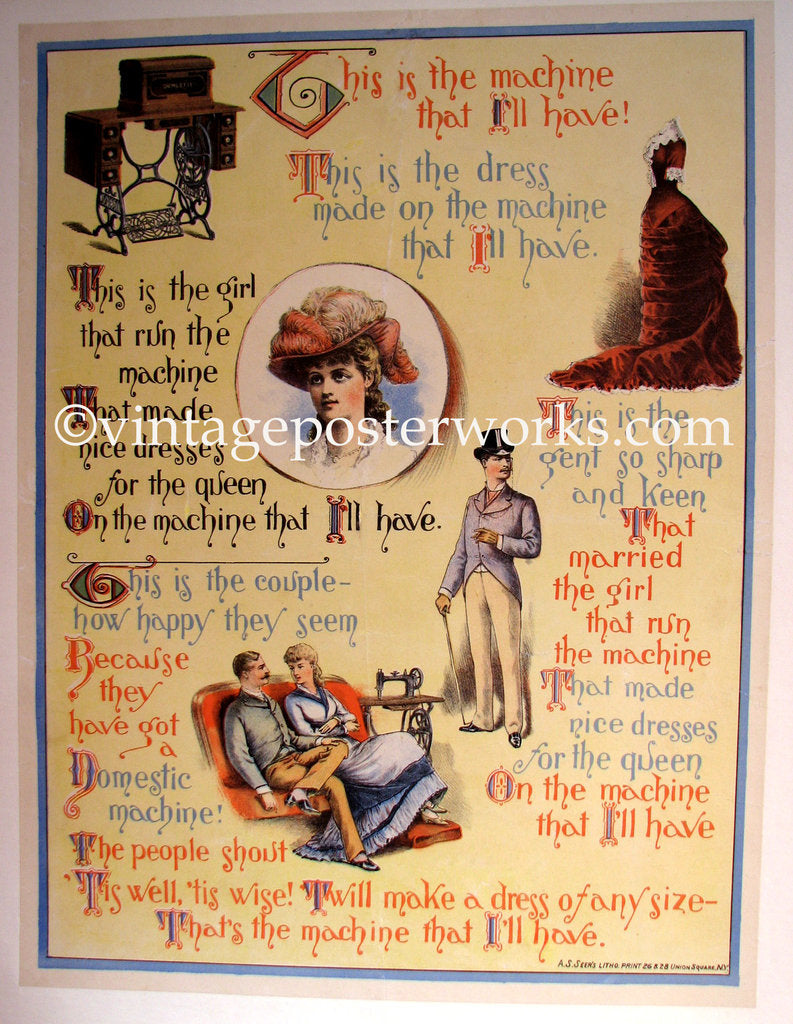 1890's Antique Domestic Sewing Machine Vintage Poster – Vintage