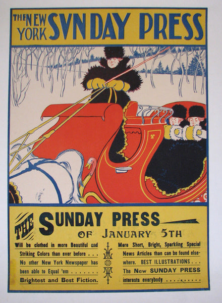 1890's Sunday Press Vintage Literary Antique Sleighing Sled Poster