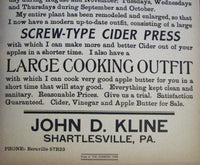 1940's John D. Kline Shartlesville PA Apple Cider Poster Vintage