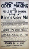 1940's John D. Kline Shartlesville PA Apple Cider Poster Vintage