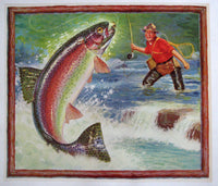 1940's Antique Trout Fishing Fisherman Vintage Poster