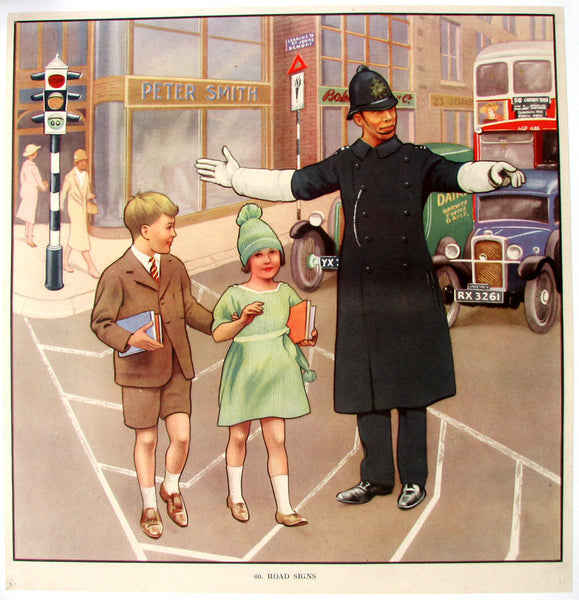 1930's British Bobby Policeman Crossing Road Signs Children's Poster