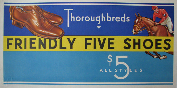 1920's Friendly Five Shoes Vintage Thoroughbred Horse Poster Sign