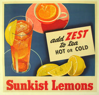 1940's Sunkist Lemons Vintage Food Fruit & Tea Poster